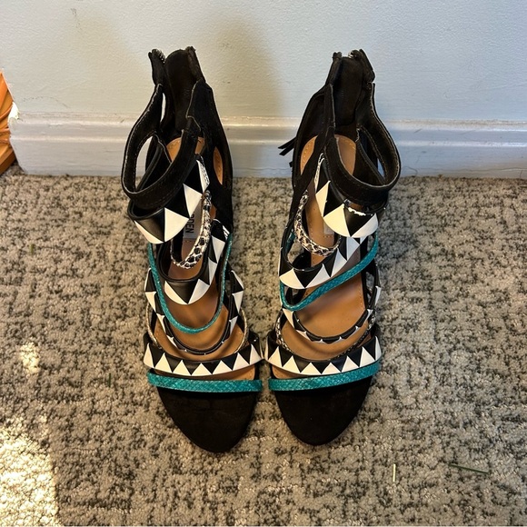 Steve Madden Blue & Black Suede Multi Tassel Strappy Peep Toe Stilettos Size 7.5 - Picture 5 of 14